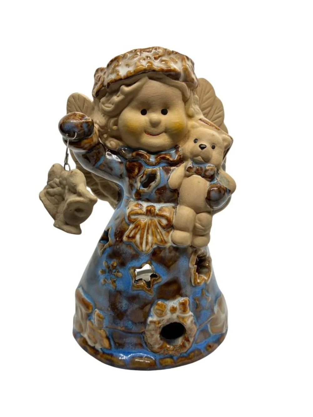 Ceramic Angel Candle Holder Figurine Christmas Decor Tea Light Warmer Blue Brown